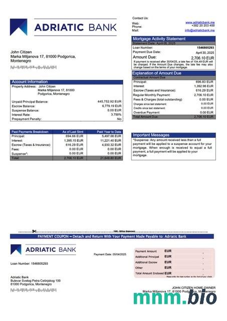 Czarnogóra Adriatic Bank wyciąg z kredytu hipotecznego szablon Word i PDF